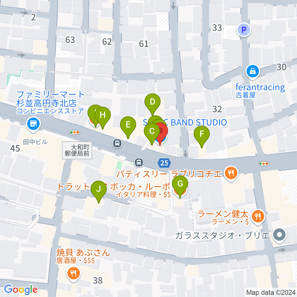 ソニックバンドスタジオ周辺のファミレス・ファーストフード一覧地図