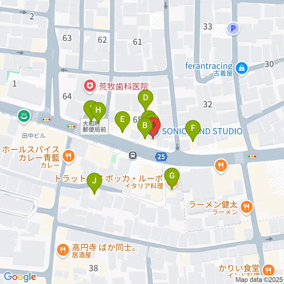 ソニックバンドスタジオ周辺のファミレス・ファーストフード一覧地図