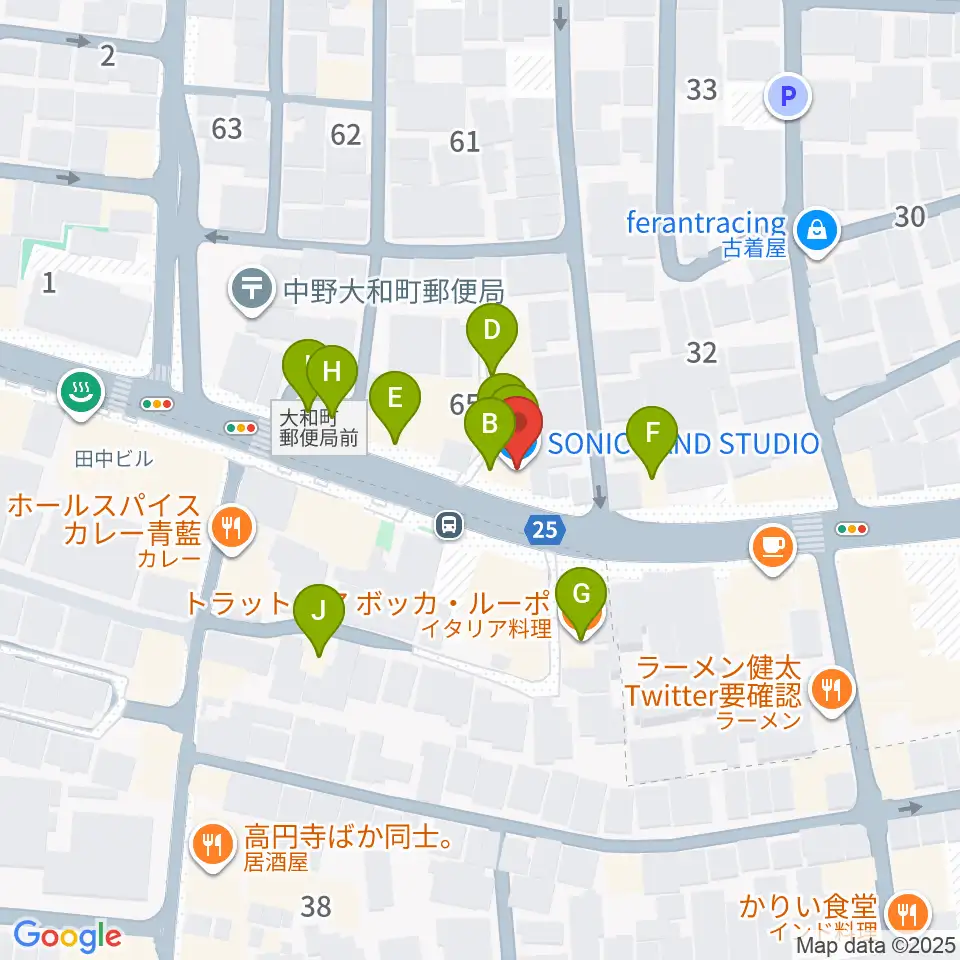 ソニックバンドスタジオ周辺のファミレス・ファーストフード一覧地図