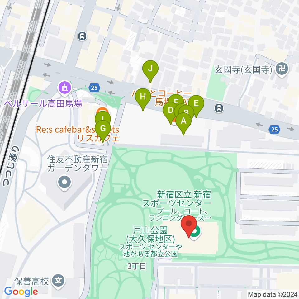 新宿スポーツセンター周辺のファミレス・ファーストフード一覧地図