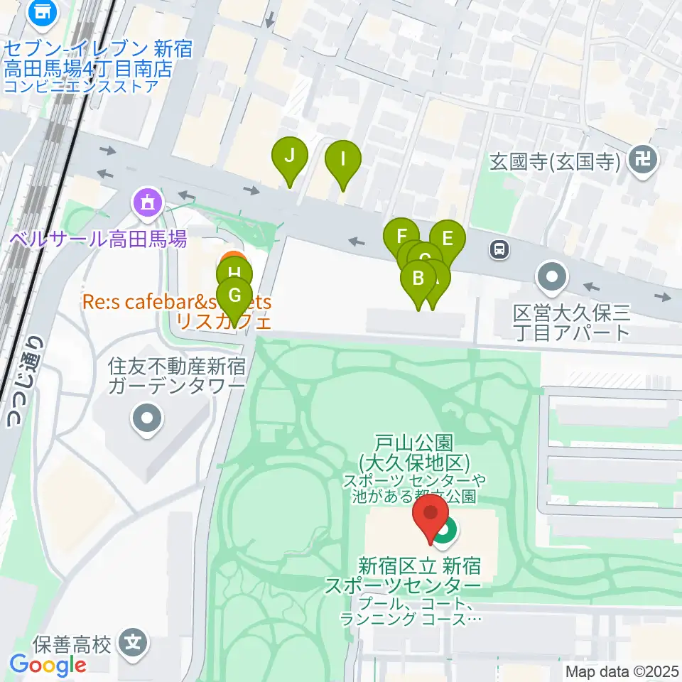 新宿スポーツセンター周辺のファミレス・ファーストフード一覧地図