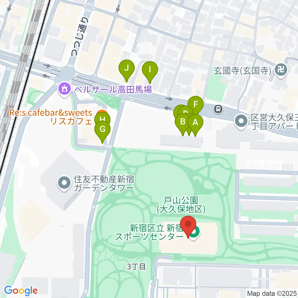 新宿スポーツセンター周辺のファミレス・ファーストフード一覧地図