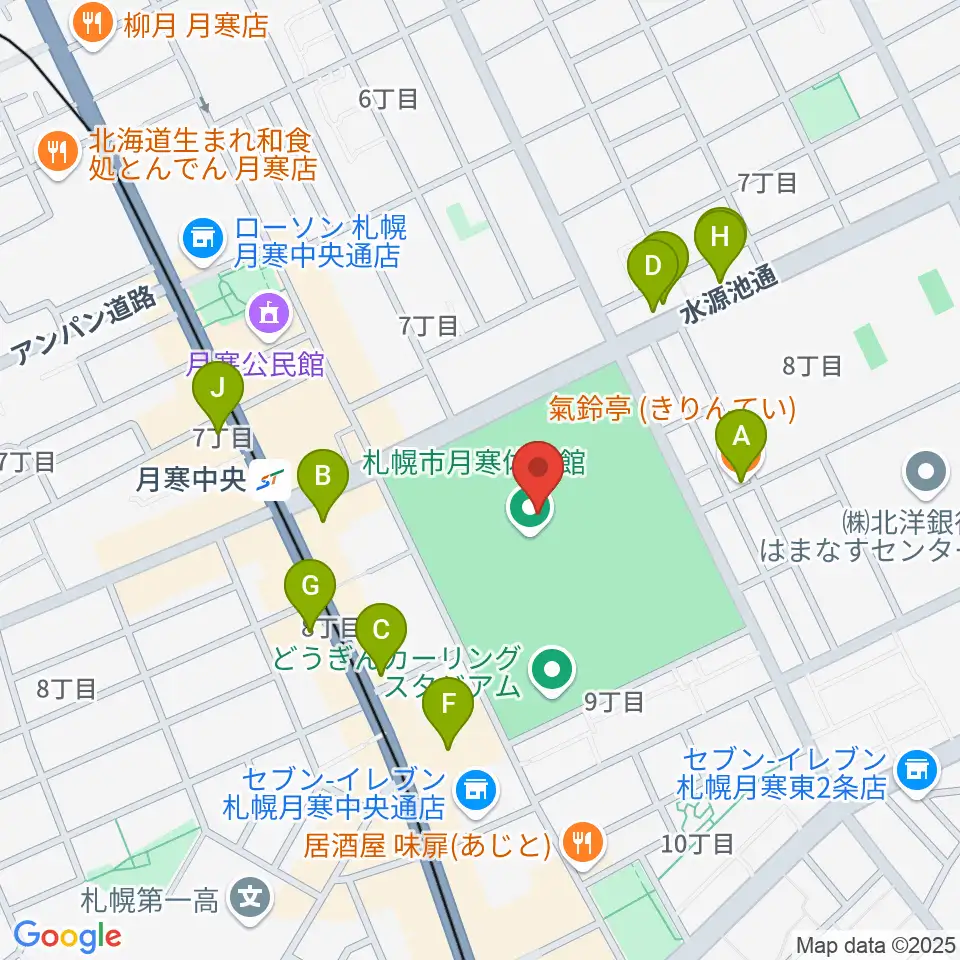 月寒屋外競技場周辺のファミレス・ファーストフード一覧地図