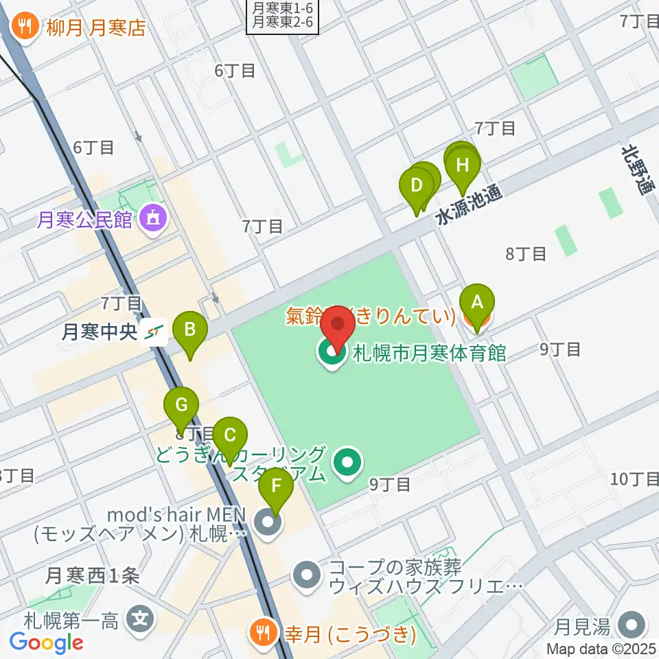 月寒屋外競技場周辺のファミレス・ファーストフード一覧地図