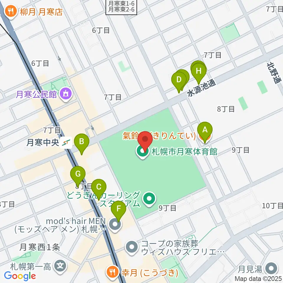 月寒屋外競技場周辺のファミレス・ファーストフード一覧地図