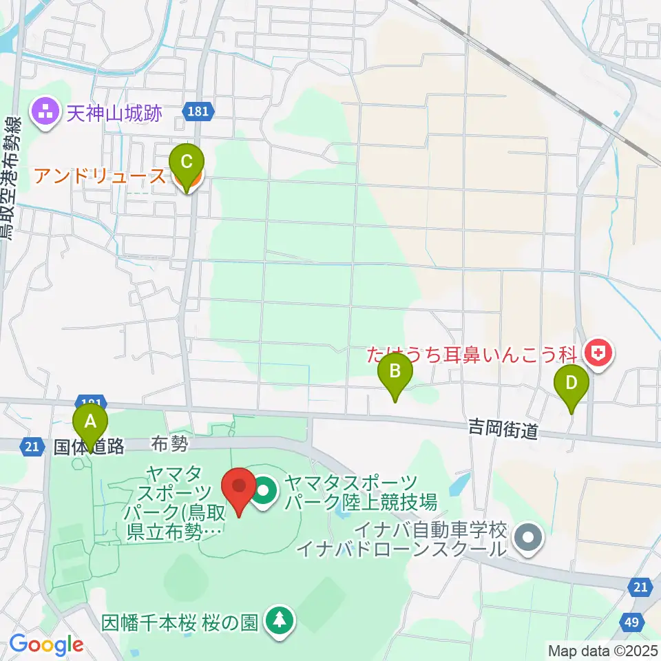ヤマタスポーツパーク陸上競技場周辺のファミレス・ファーストフード一覧地図