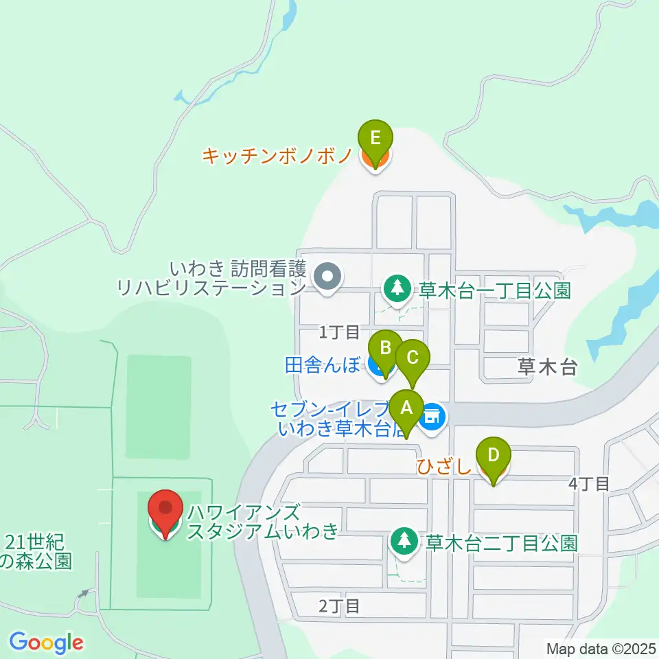 ハワイアンズスタジアムいわき周辺のファミレス・ファーストフード一覧地図