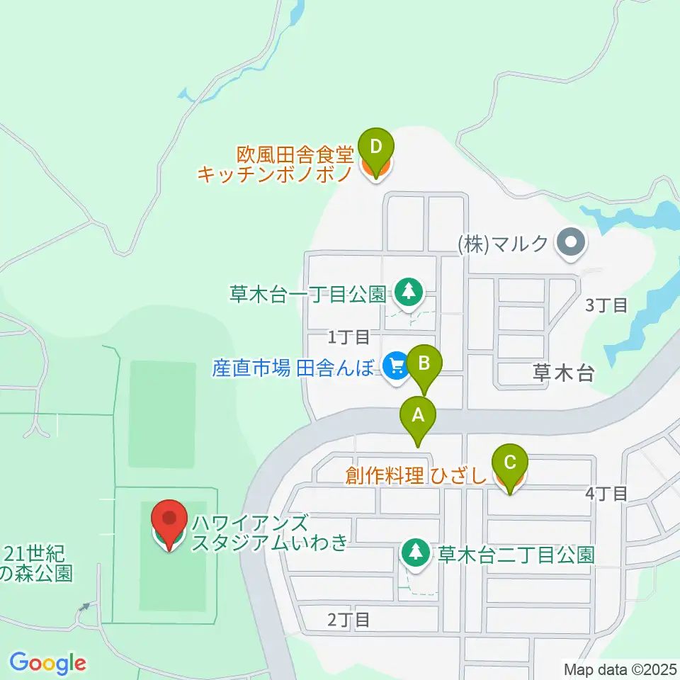 ハワイアンズスタジアムいわき周辺のファミレス・ファーストフード一覧地図
