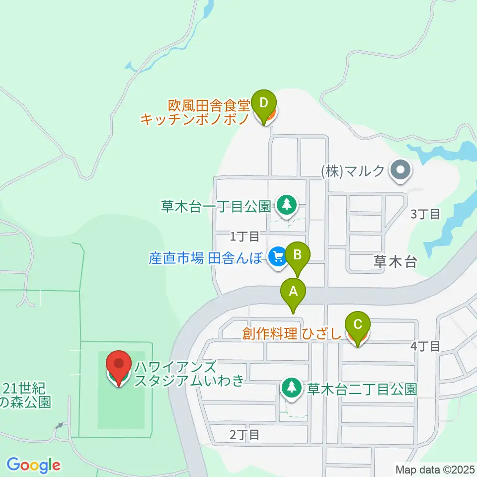 ハワイアンズスタジアムいわき周辺のファミレス・ファーストフード一覧地図