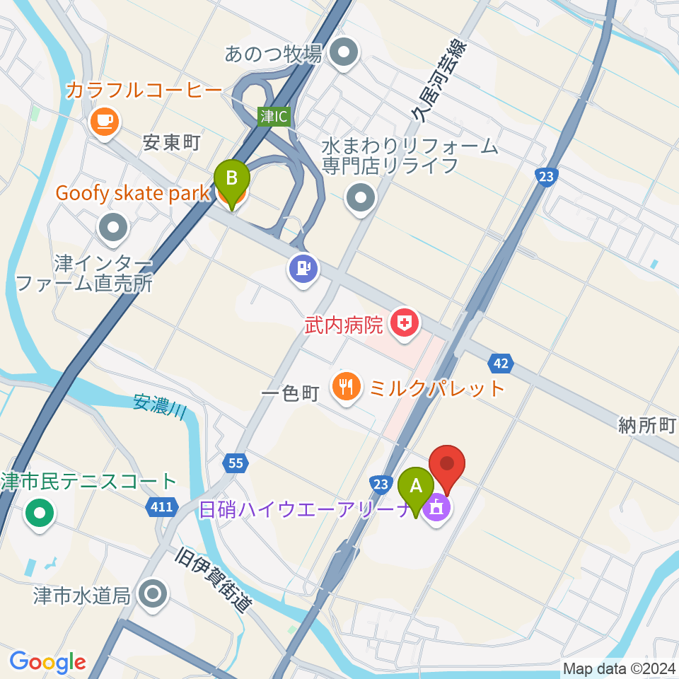 NHW三重武道館周辺のファミレス・ファーストフード一覧地図