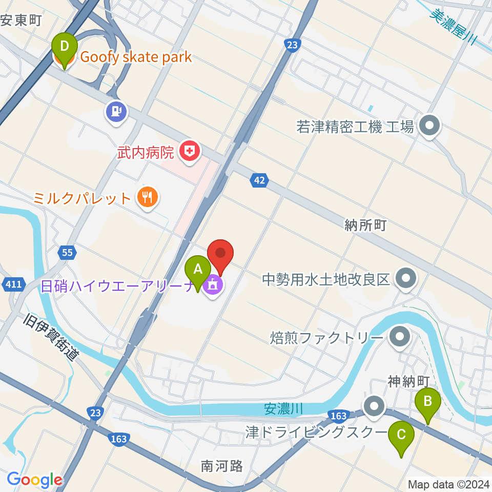 NHW三重武道館周辺のファミレス・ファーストフード一覧地図