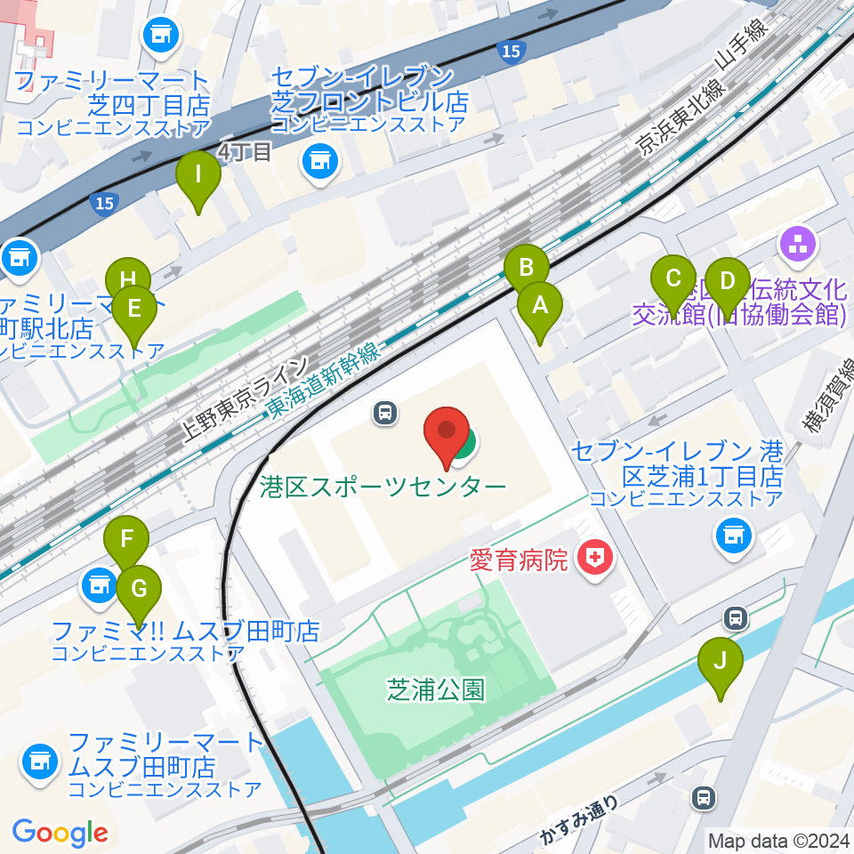 港区スポーツセンター周辺のファミレス・ファーストフード一覧地図