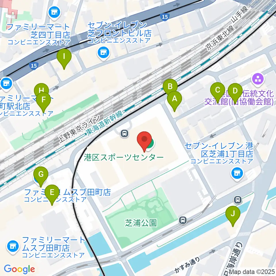 港区スポーツセンター周辺のファミレス・ファーストフード一覧地図