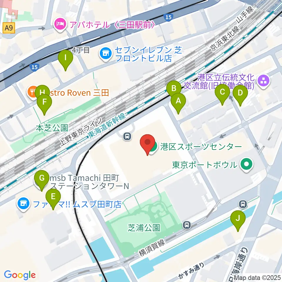 港区スポーツセンター周辺のファミレス・ファーストフード一覧地図