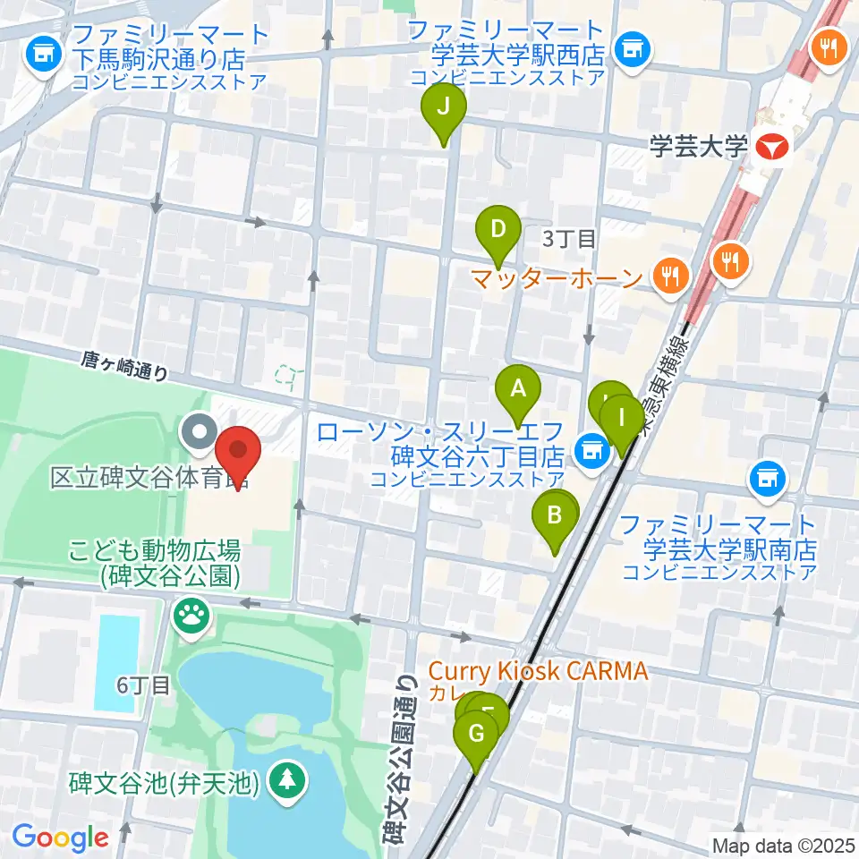 碑文谷体育館周辺のファミレス・ファーストフード一覧地図