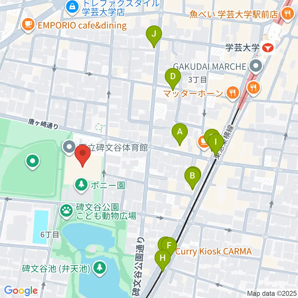 碑文谷体育館周辺のファミレス・ファーストフード一覧地図