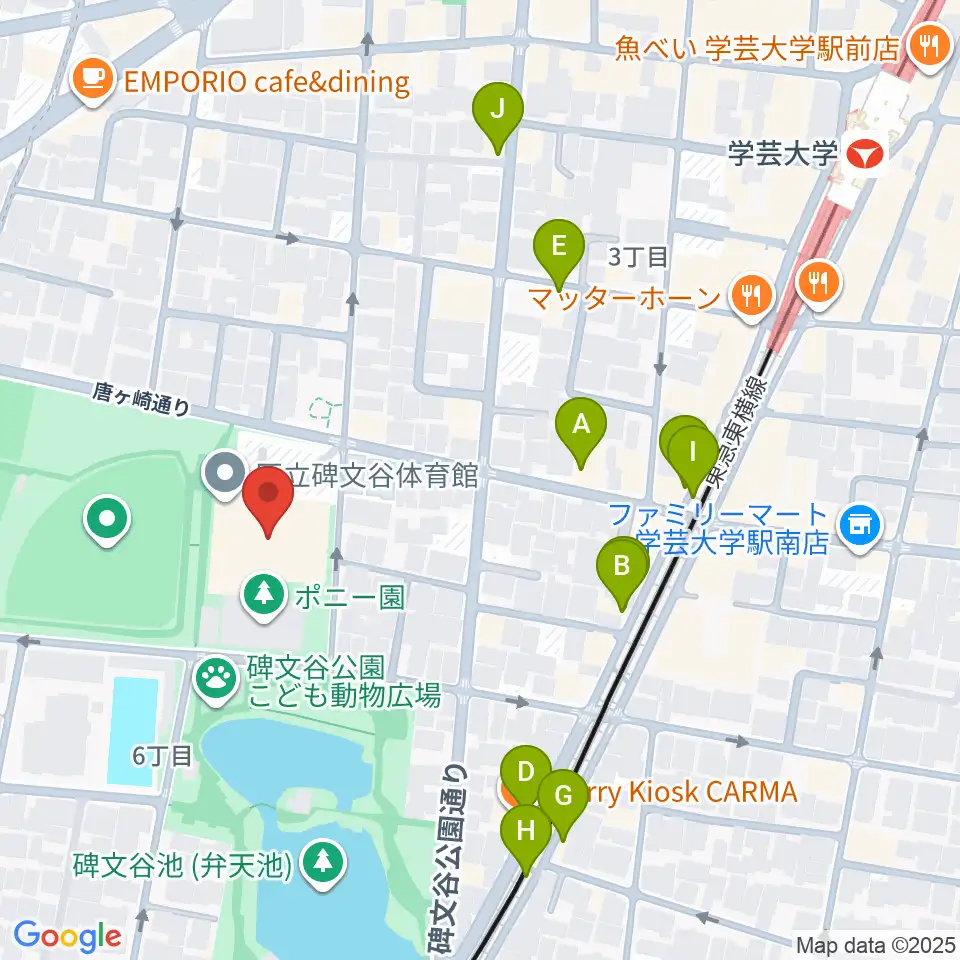 碑文谷体育館周辺のファミレス・ファーストフード一覧地図