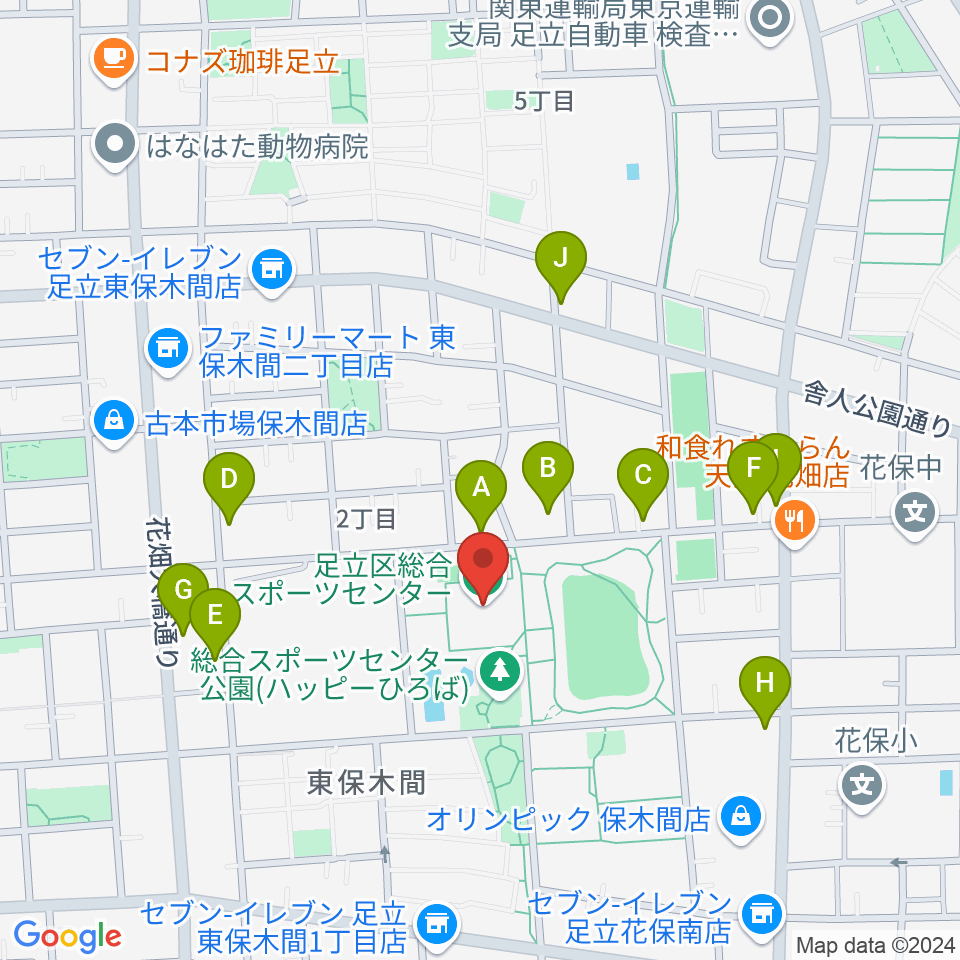 足立区総合スポーツセンター周辺のファミレス・ファーストフード一覧地図