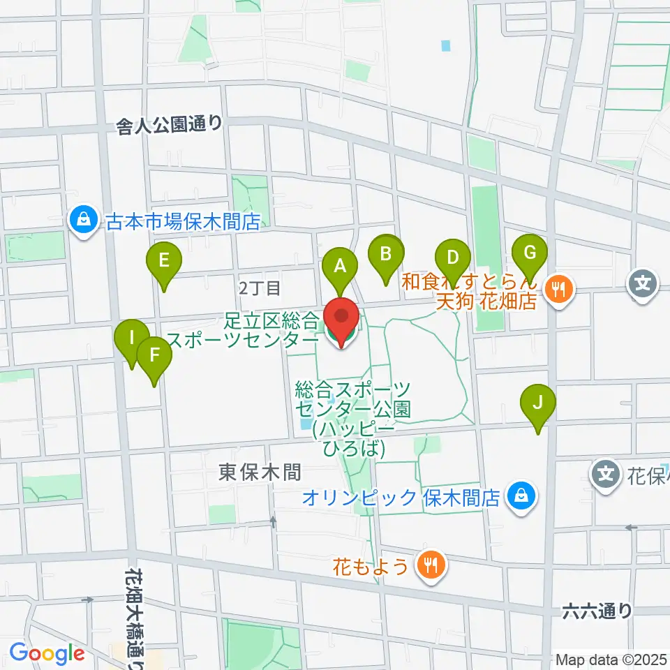 足立区総合スポーツセンター周辺のファミレス・ファーストフード一覧地図