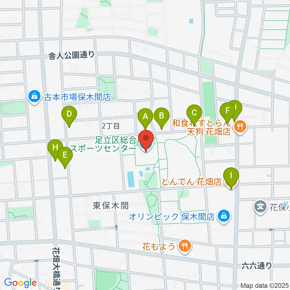 足立区総合スポーツセンター周辺のファミレス・ファーストフード一覧地図