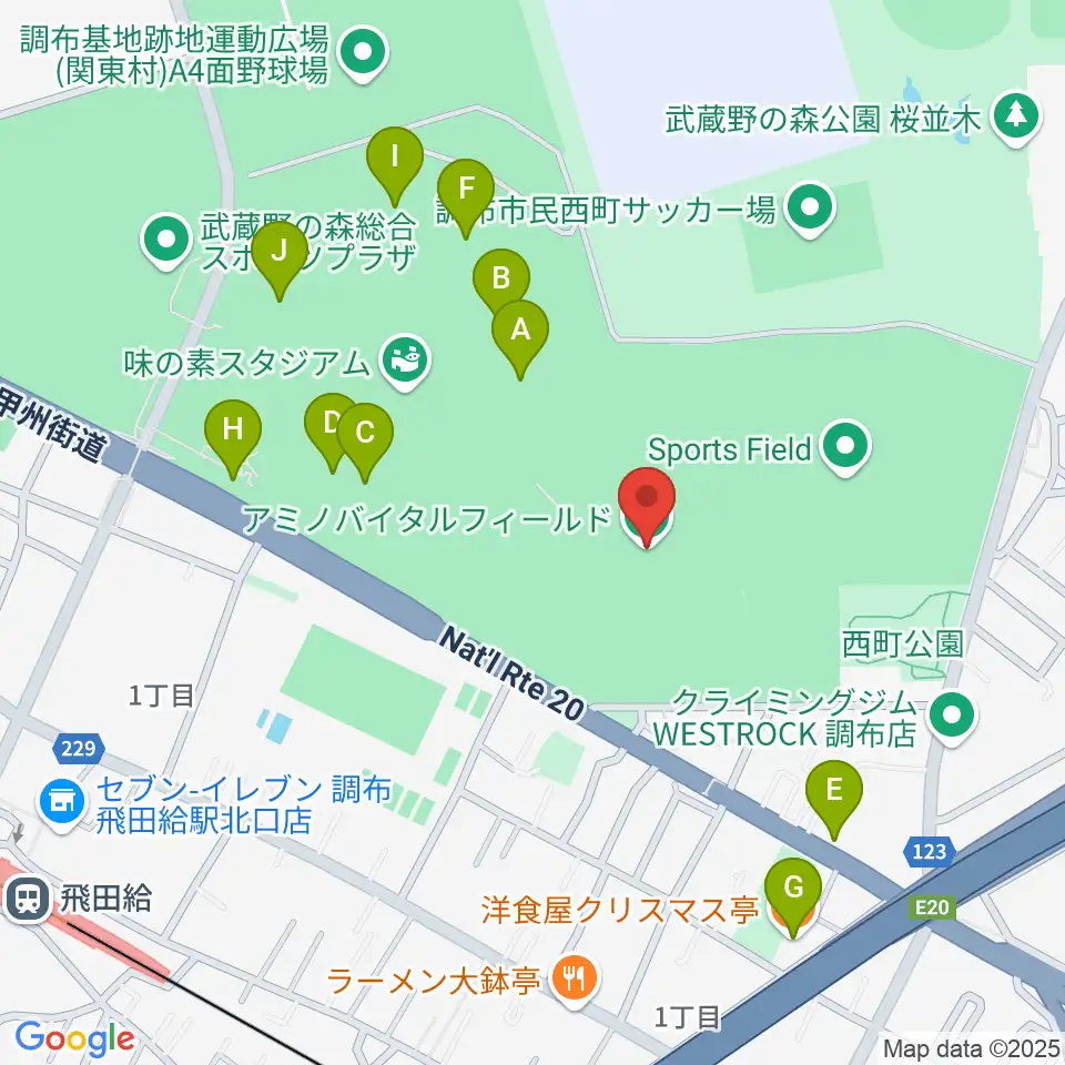 アミノバイタルフィールド周辺のファミレス・ファーストフード一覧地図