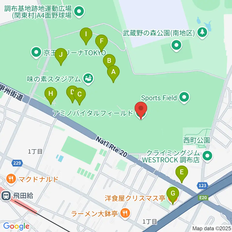 アミノバイタルフィールド周辺のファミレス・ファーストフード一覧地図