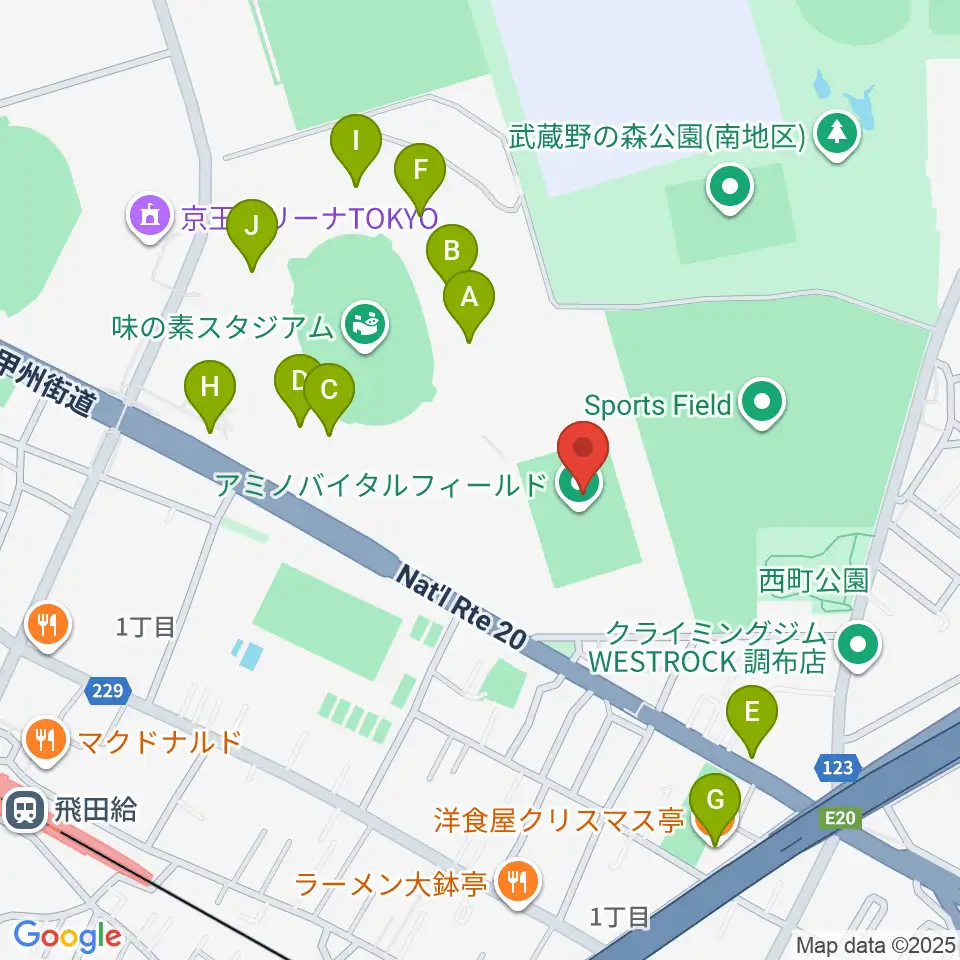 アミノバイタルフィールド周辺のファミレス・ファーストフード一覧地図