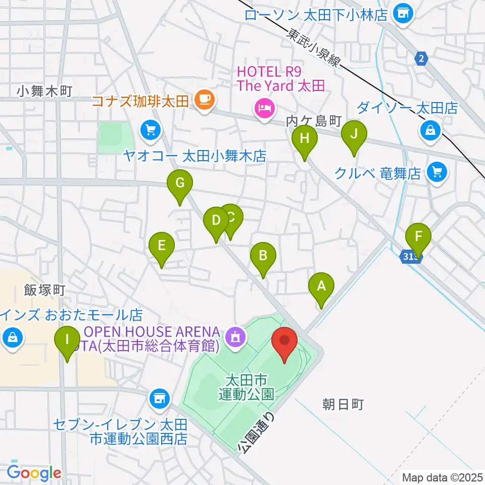 太田市運動公園陸上競技場周辺のファミレス・ファーストフード一覧地図