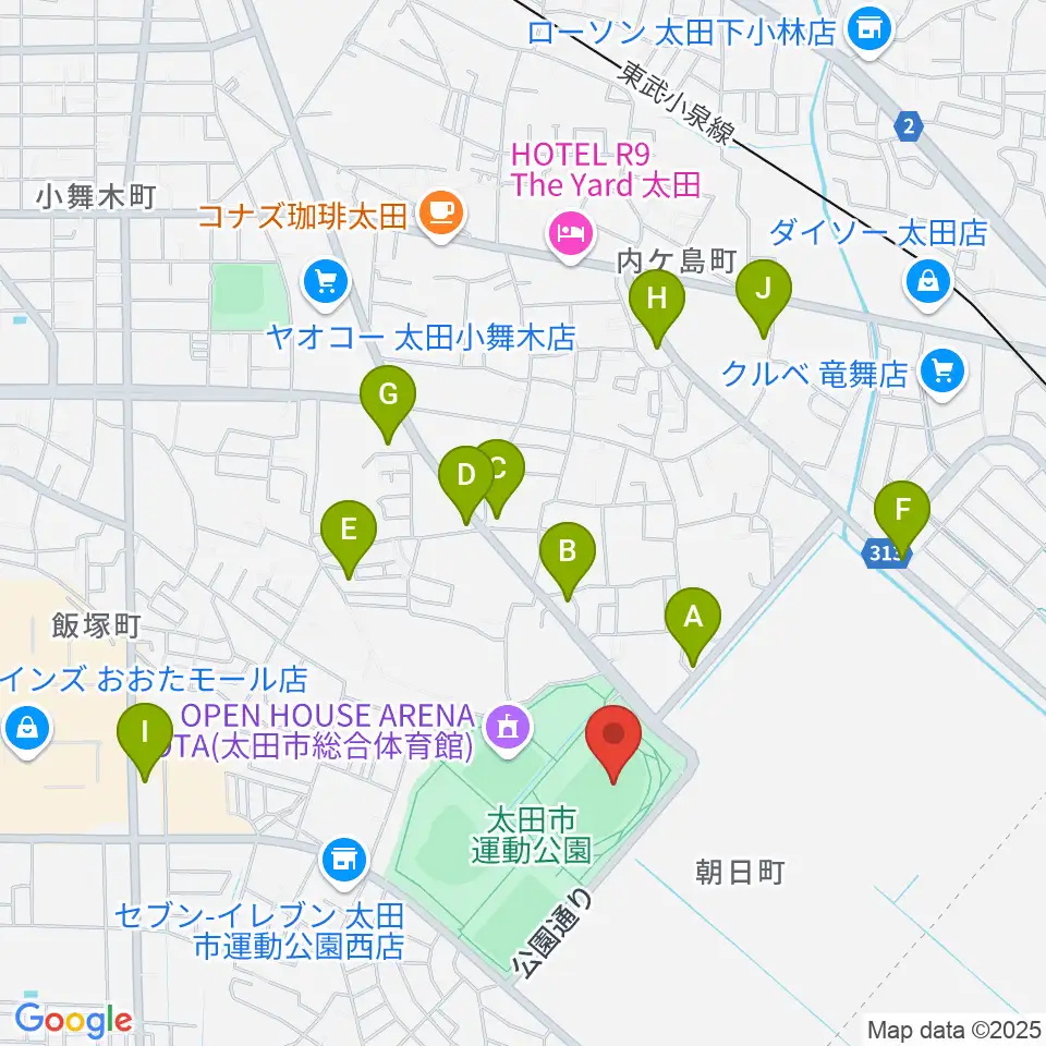 太田市運動公園陸上競技場周辺のファミレス・ファーストフード一覧地図