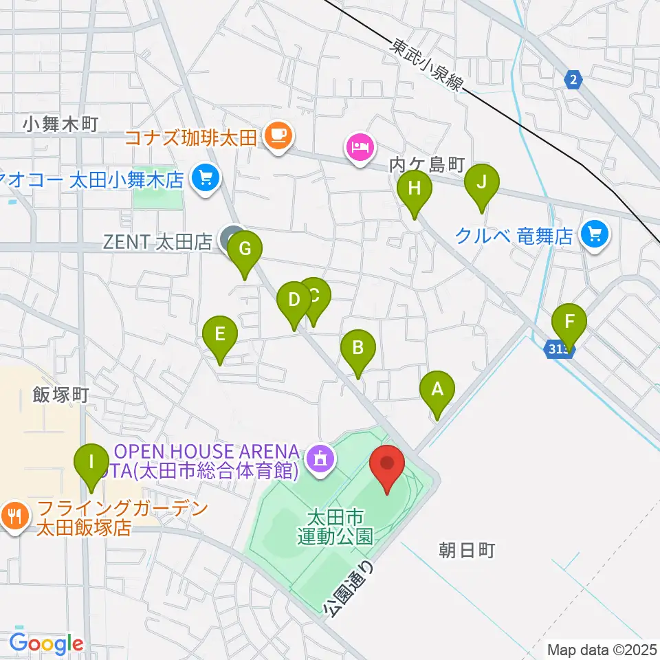 太田市運動公園陸上競技場周辺のファミレス・ファーストフード一覧地図