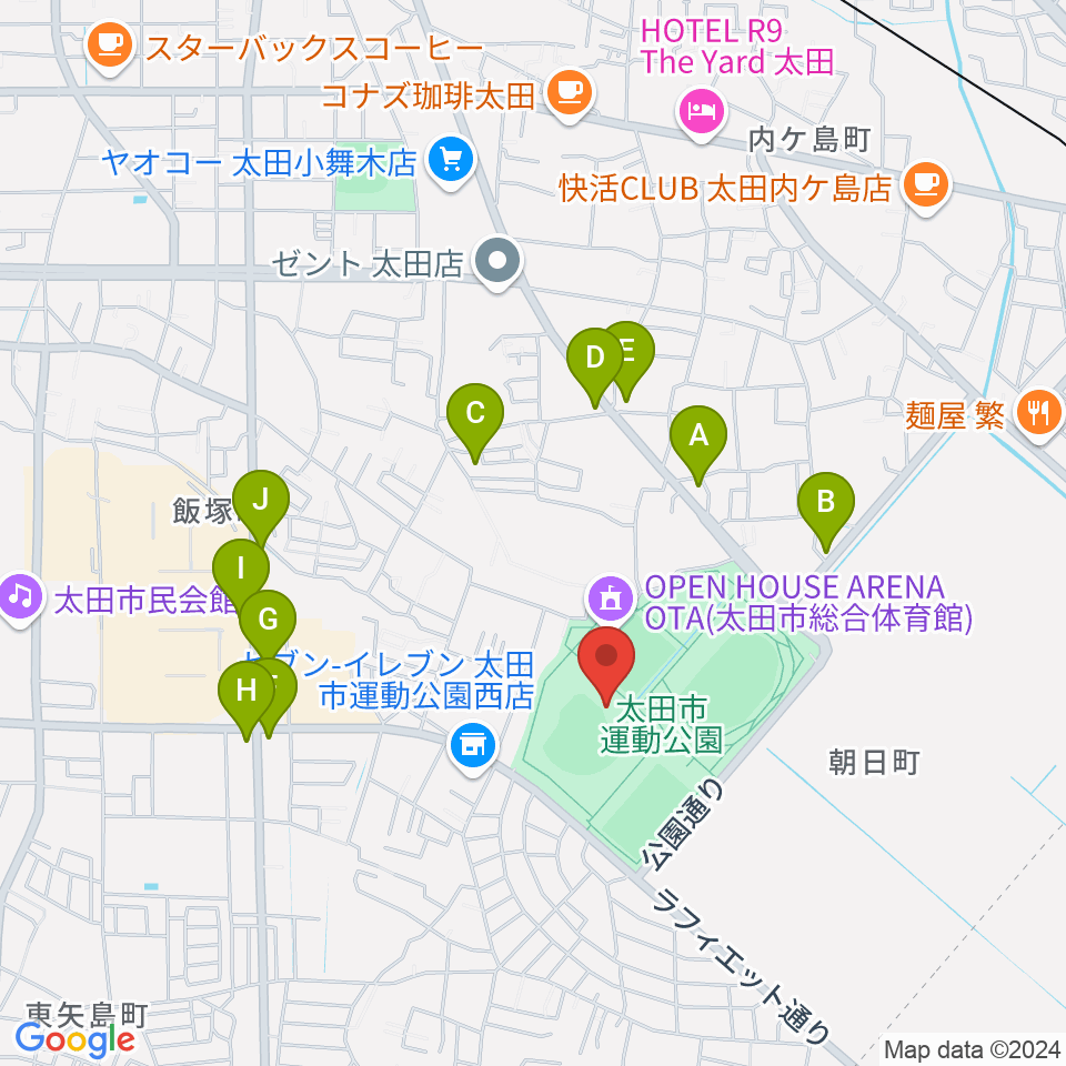 太田市運動公園野球場周辺のファミレス・ファーストフード一覧地図