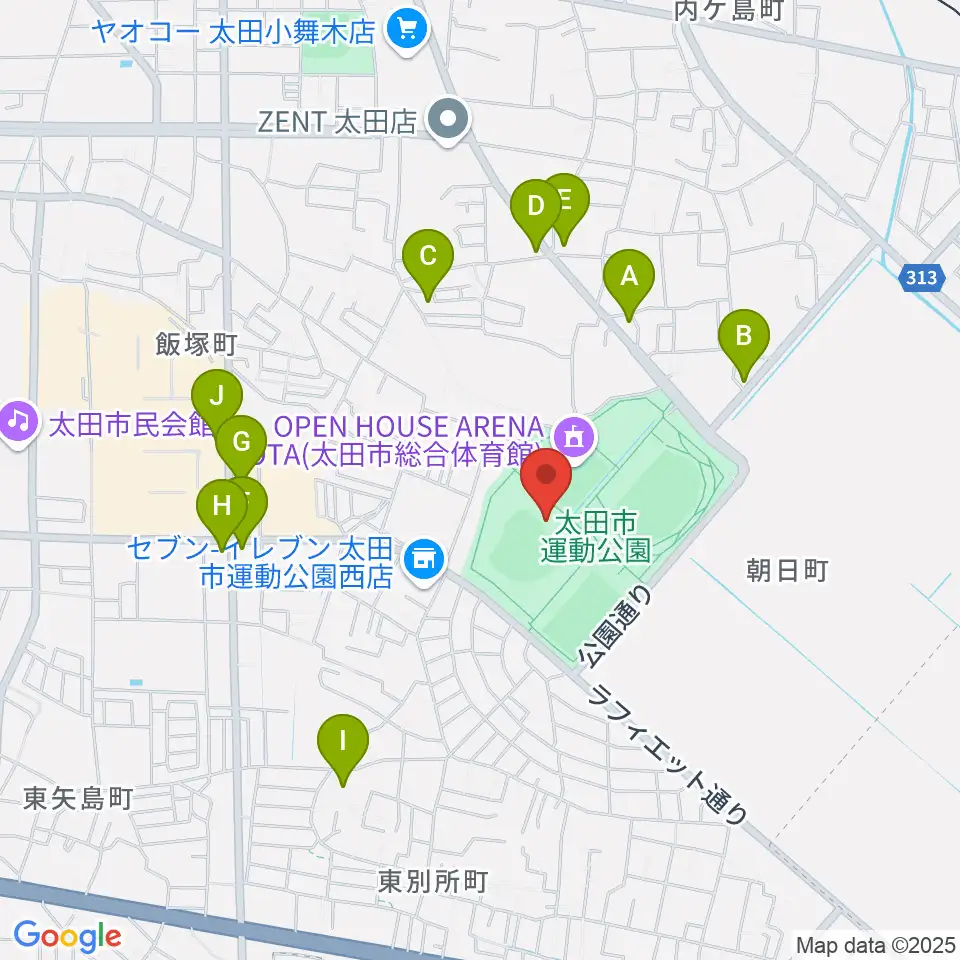 太田市運動公園野球場周辺のファミレス・ファーストフード一覧地図