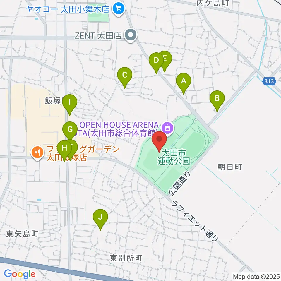 太田市運動公園野球場周辺のファミレス・ファーストフード一覧地図