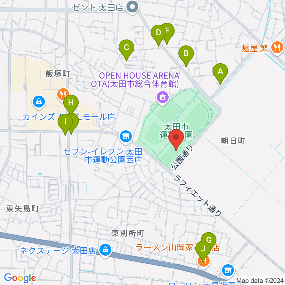 太田市運動公園サッカー・ラグビー場周辺のファミレス・ファーストフード一覧地図