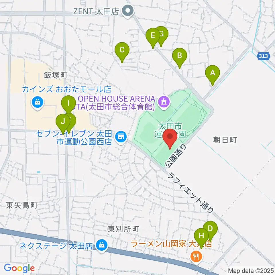 太田市運動公園サッカー・ラグビー場周辺のファミレス・ファーストフード一覧地図