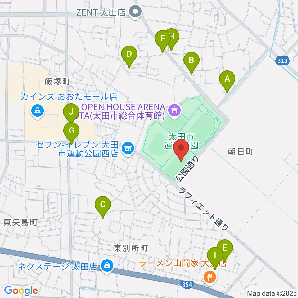 太田市運動公園サッカー・ラグビー場周辺のファミレス・ファーストフード一覧地図