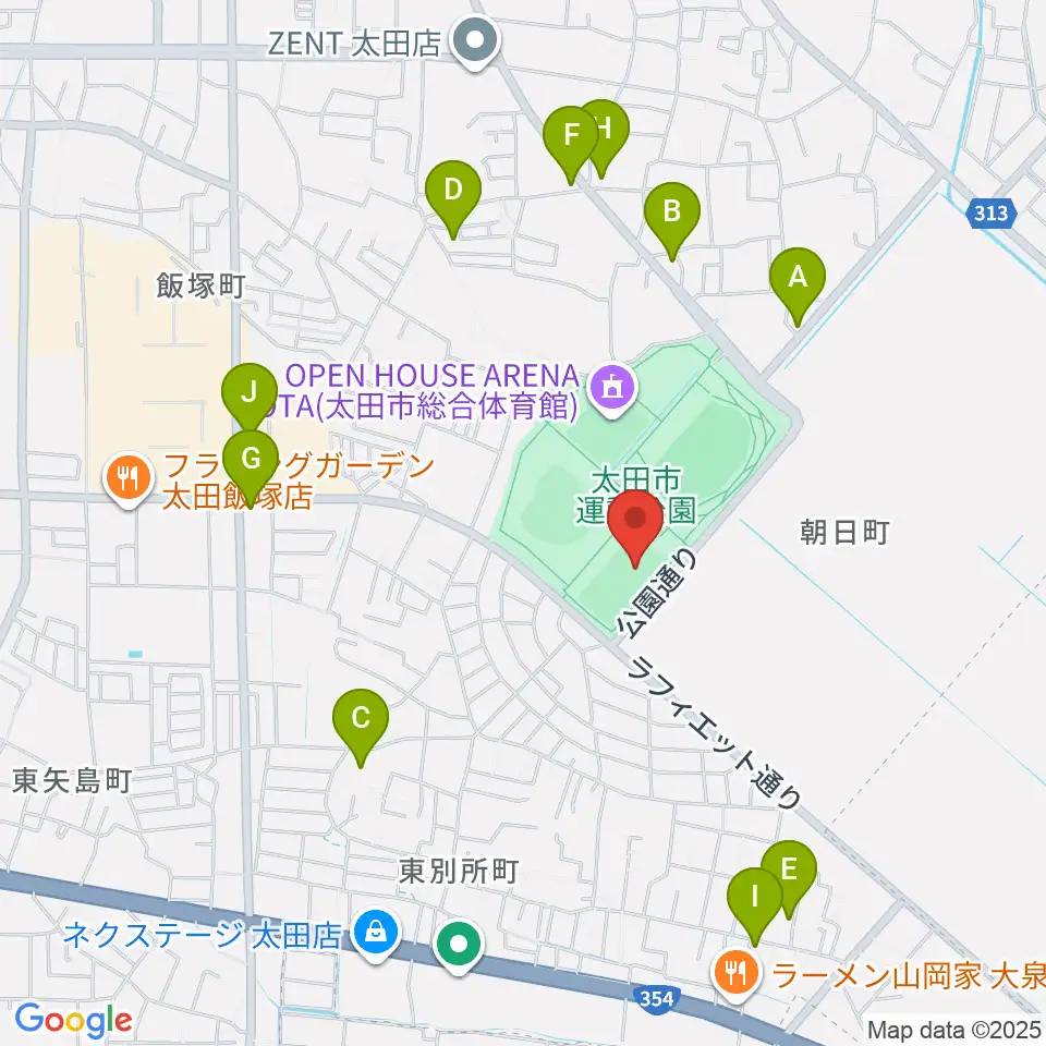 太田市運動公園サッカー・ラグビー場周辺のファミレス・ファーストフード一覧地図