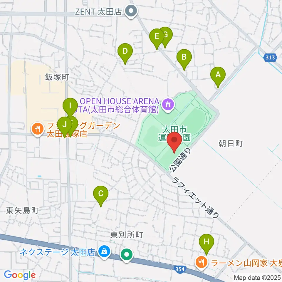 太田市運動公園サッカー・ラグビー場周辺のファミレス・ファーストフード一覧地図