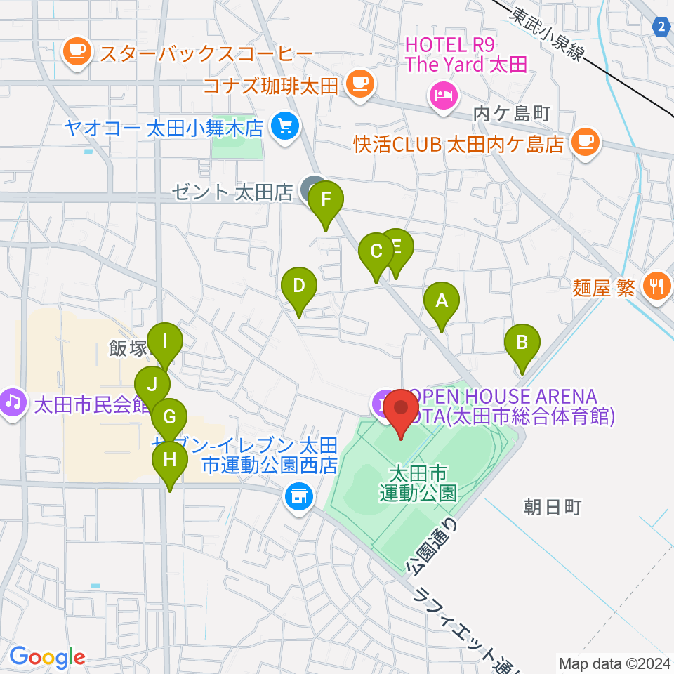 オープンハウスアリーナ太田周辺のファミレス・ファーストフード一覧地図