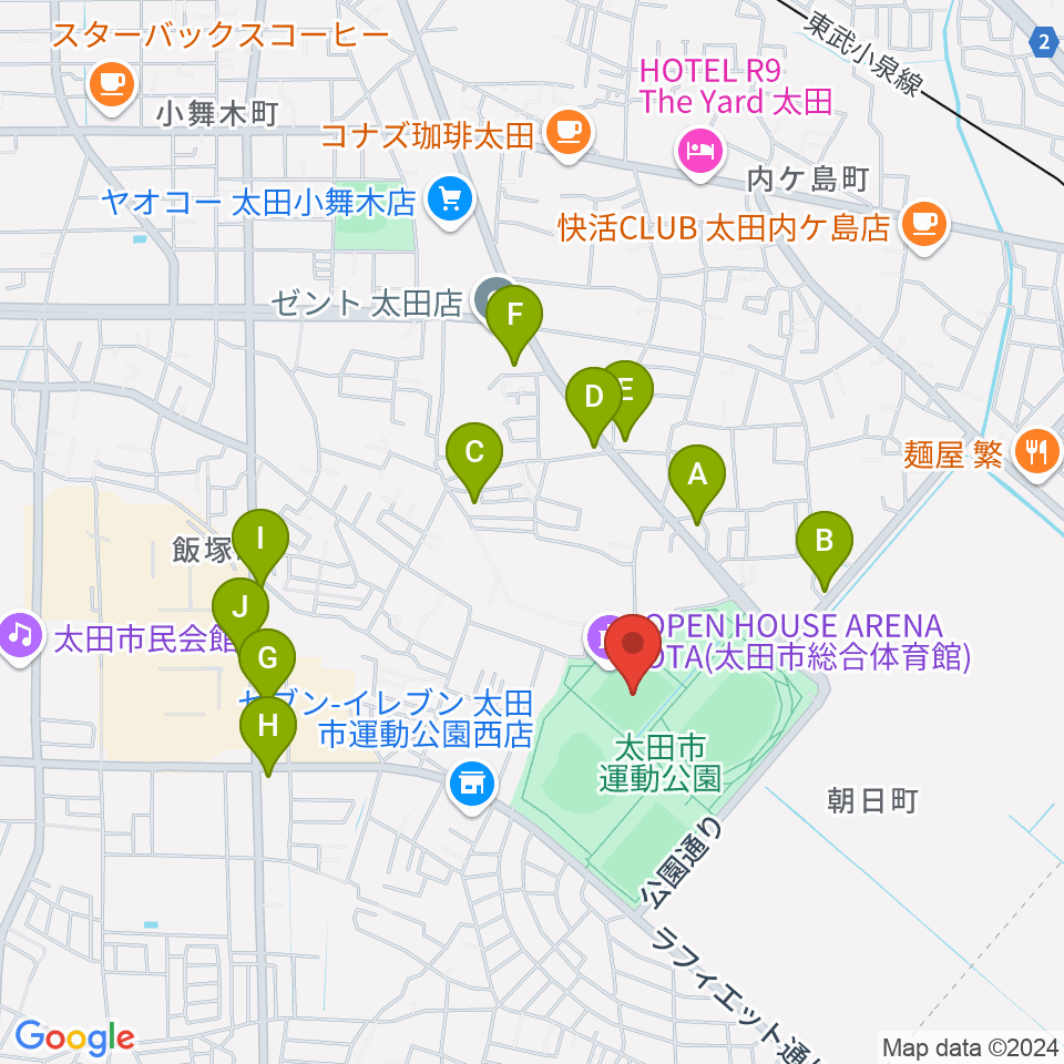 オープンハウスアリーナ太田周辺のファミレス・ファーストフード一覧地図