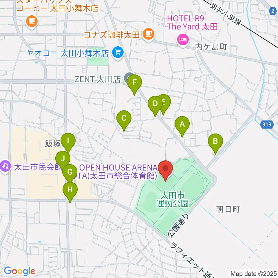 オープンハウスアリーナ太田周辺のファミレス・ファーストフード一覧地図