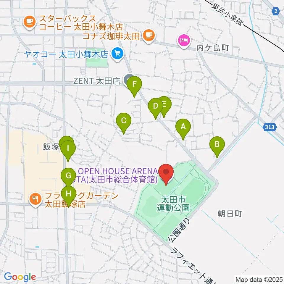 オープンハウスアリーナ太田周辺のファミレス・ファーストフード一覧地図