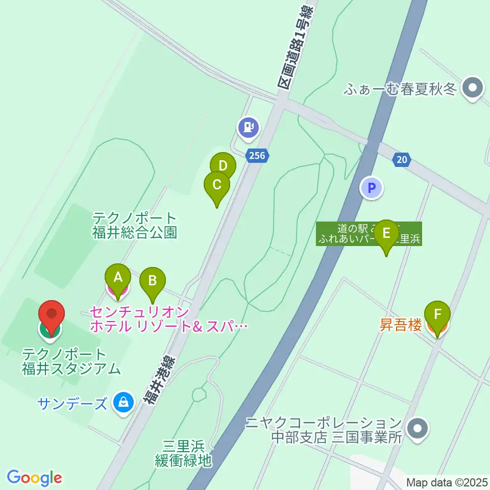 テクノポート福井スタジアム周辺のファミレス・ファーストフード一覧地図