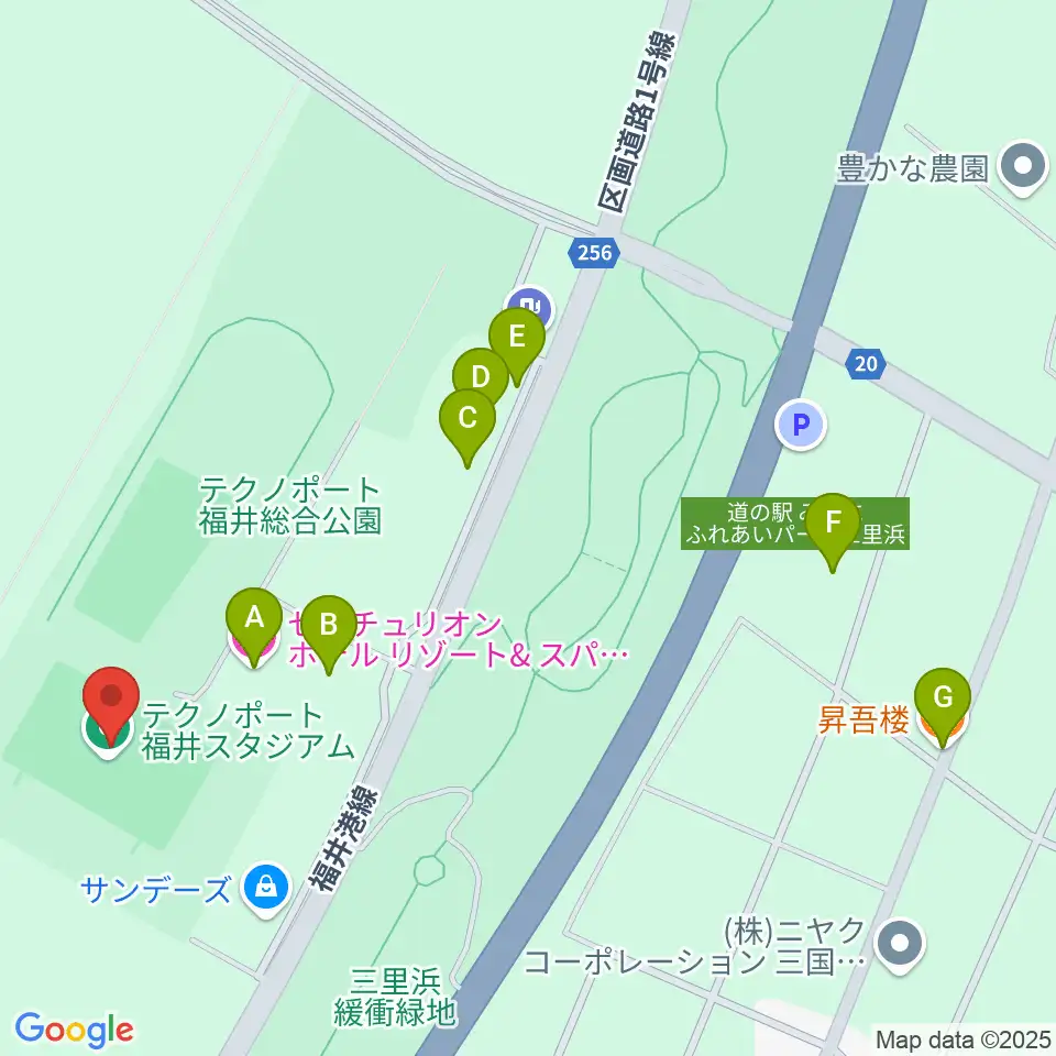 テクノポート福井スタジアム周辺のファミレス・ファーストフード一覧地図