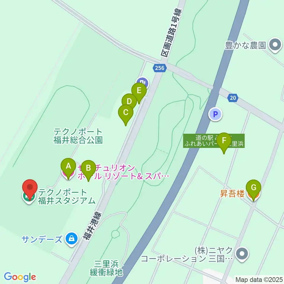 テクノポート福井スタジアム周辺のファミレス・ファーストフード一覧地図