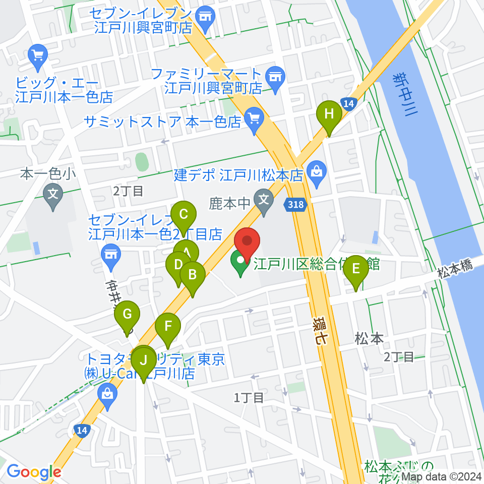江戸川区総合体育館周辺のファミレス・ファーストフード一覧地図