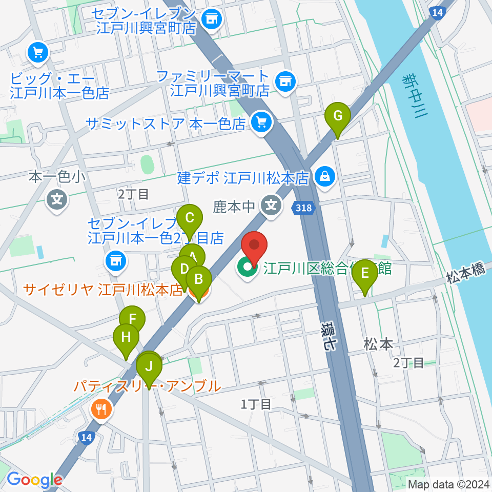 江戸川区総合体育館周辺のファミレス・ファーストフード一覧地図