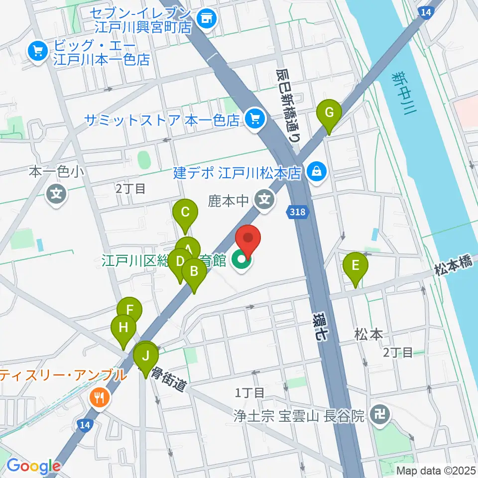江戸川区総合体育館周辺のファミレス・ファーストフード一覧地図