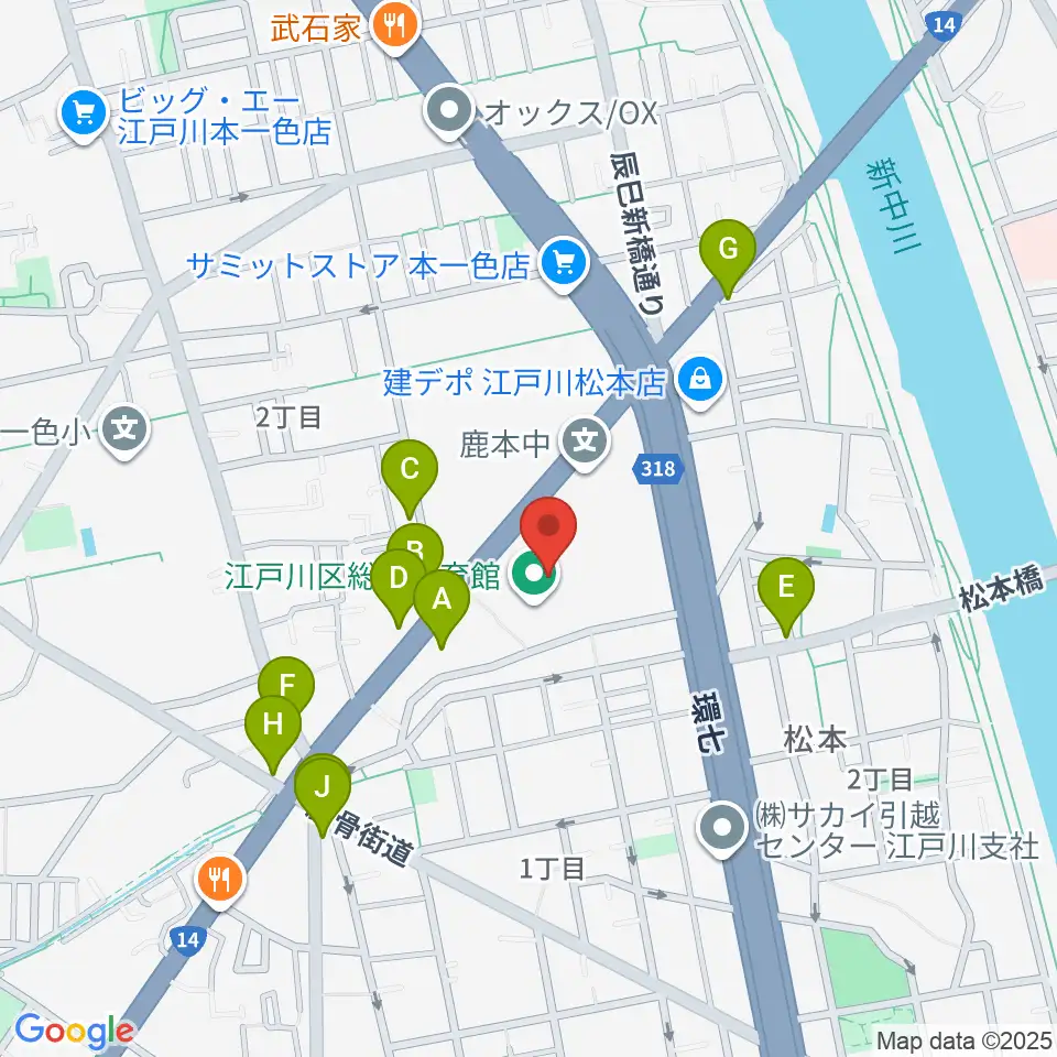 江戸川区総合体育館周辺のファミレス・ファーストフード一覧地図