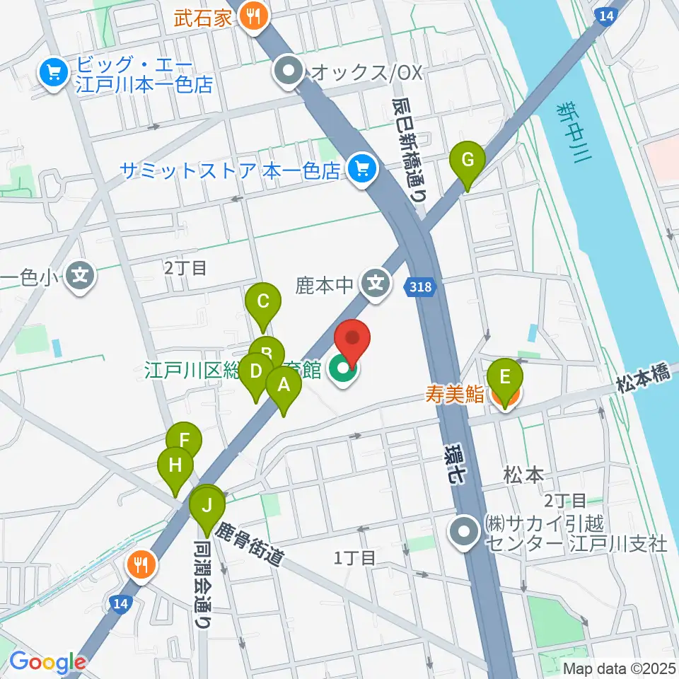 江戸川区総合体育館周辺のファミレス・ファーストフード一覧地図